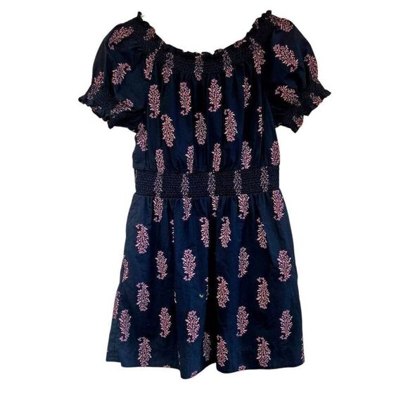 J Crew Smocked Navy & Pink puff-sleeve cotton poplin dress budding branch print - Picture 9 of 12